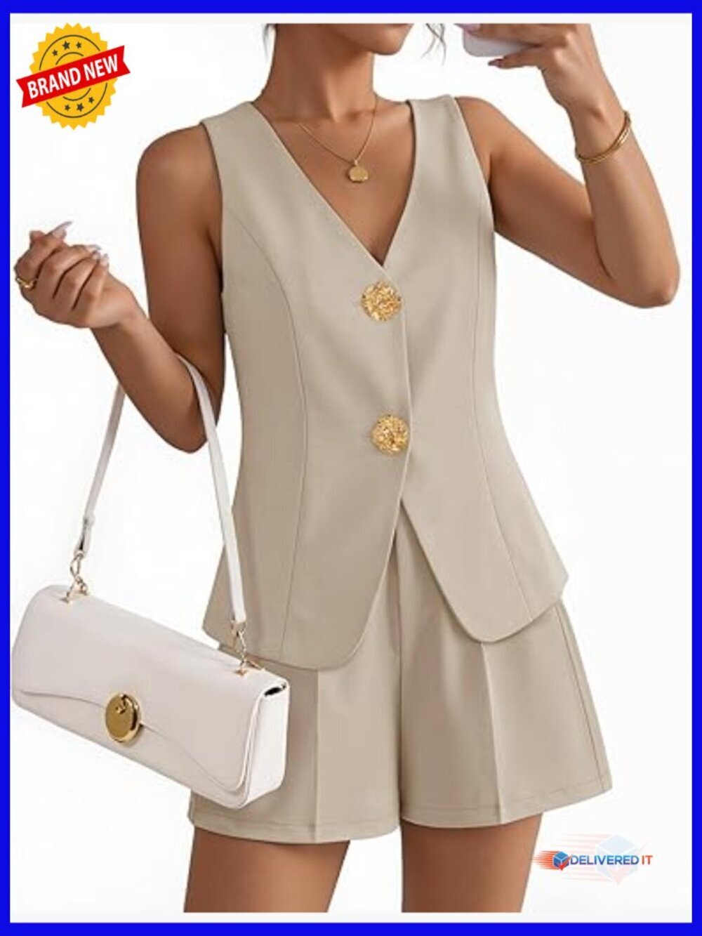 Women's 2 Piece Short Set Vest Button Front Dressy Work Outfit